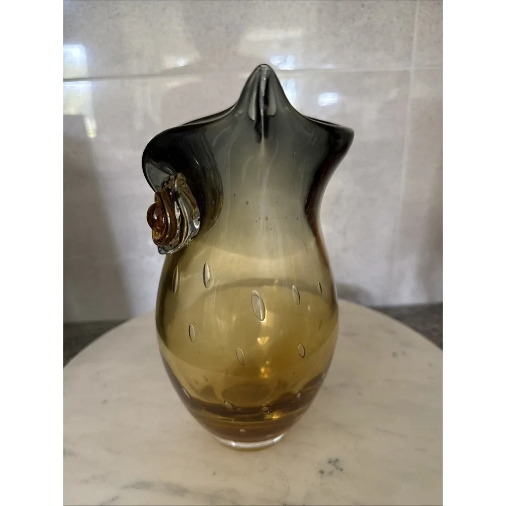 MOUTH BLOWN Amber Gray Vase OWL Shape LARGE 9